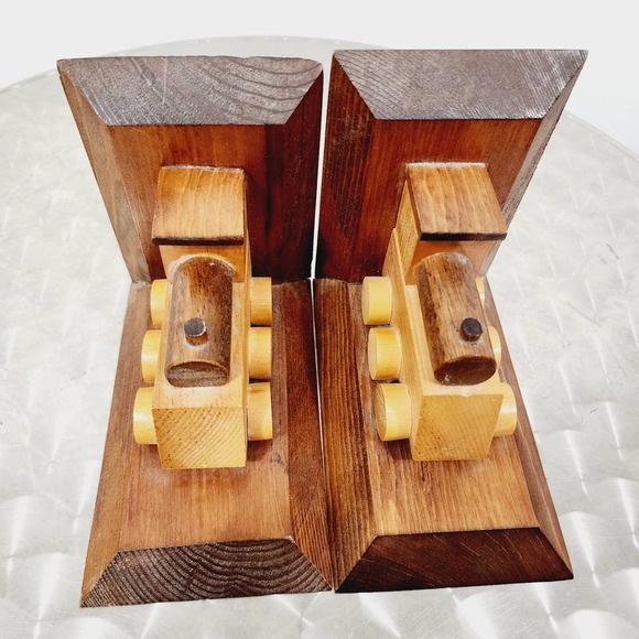 Vintage Wooden Hand Made Train Bookends Library Primitive Classic Americana - Picture 13 of 16